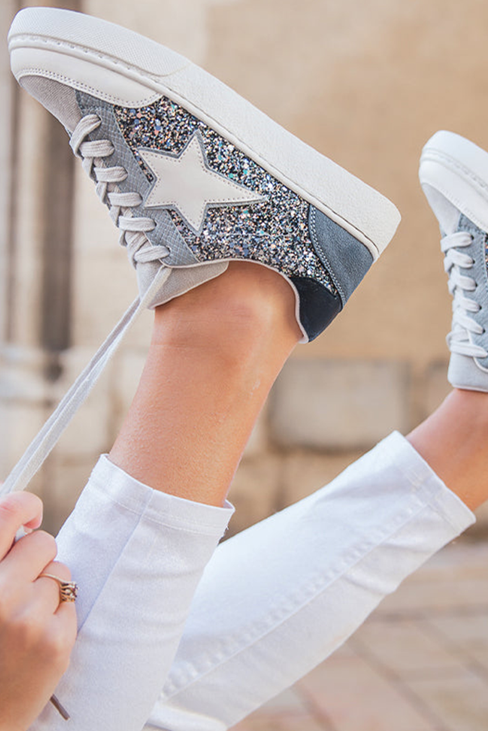 Silvery Star Glitter Lace-up Sneakers
