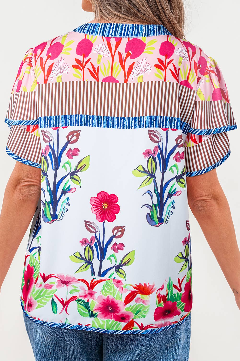 Floral Striped Print Split Neck Blouse