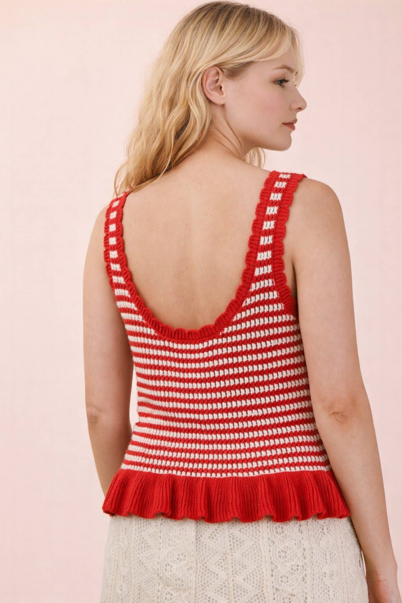 Red Ruffle Hem Stripe Knit Sweater Top