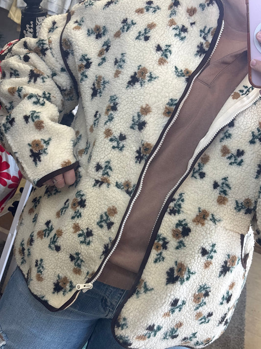 Brown Detailed Floral Sherpa Zip Up