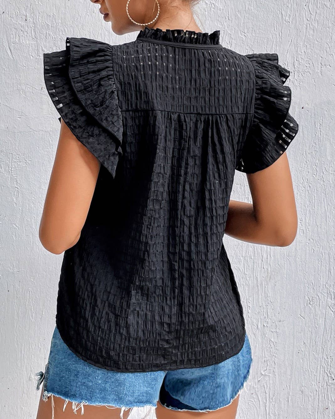 Solid V-Neck Ruffled Sleeve T-Shirt