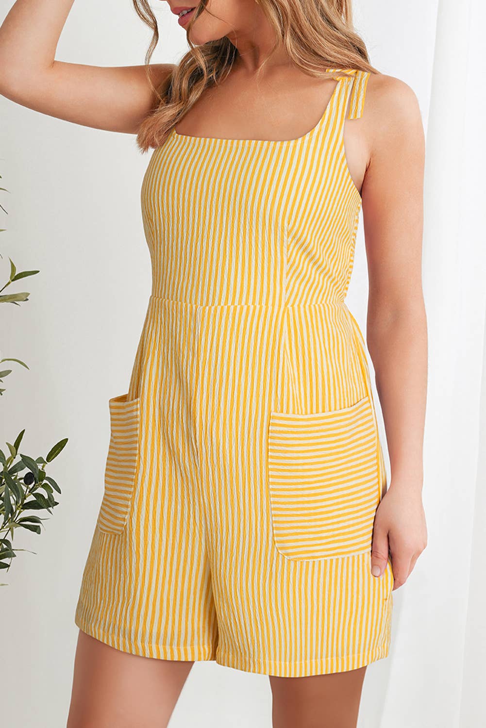 Shoulder Tie Yellow Striped Romper