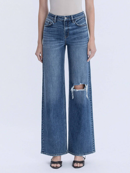 High Rise Wide Leg Distressed Knee Jeans