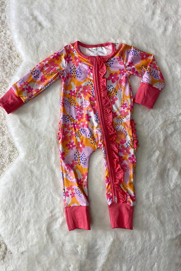 Pink Floral Infant Onesie With Ruffles