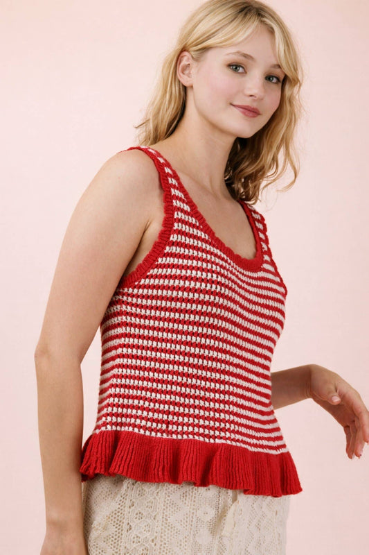 Red Ruffle Hem Stripe Knit Sweater Top