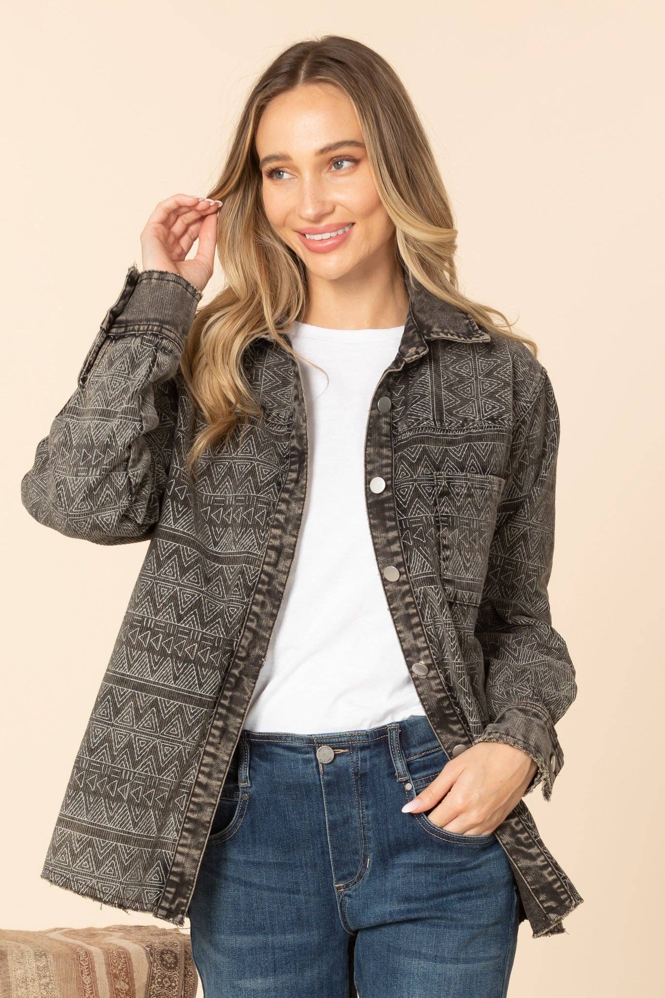 Western Printed Washed Black Denim Corded Jacket