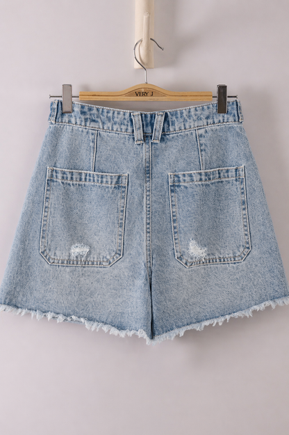 Button Tab Detail Washed Denim Shorts