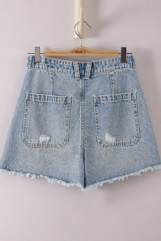 Button Tab Detail Washed Denim Shorts