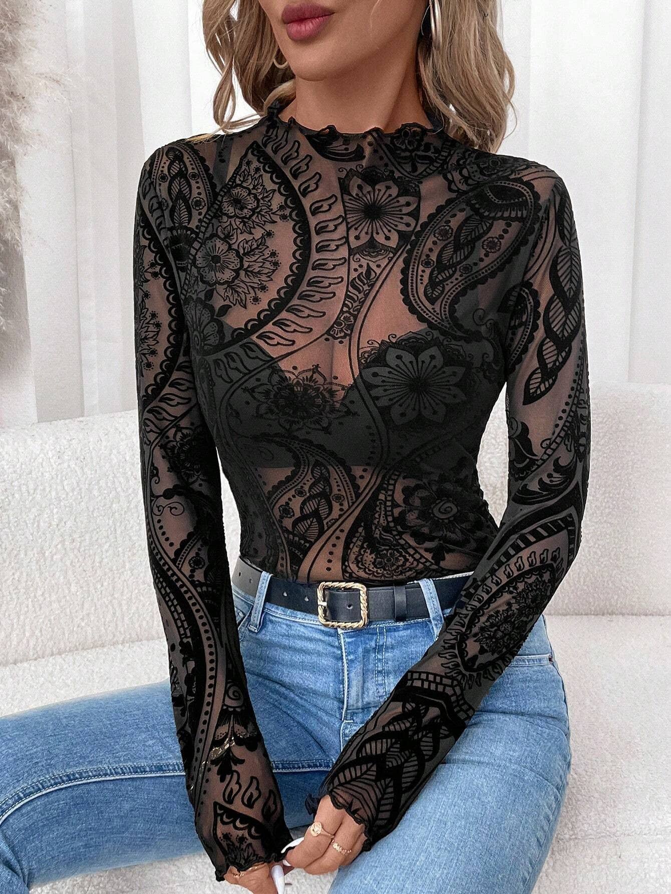 Women’s Vintage Print Mesh Velvet Top