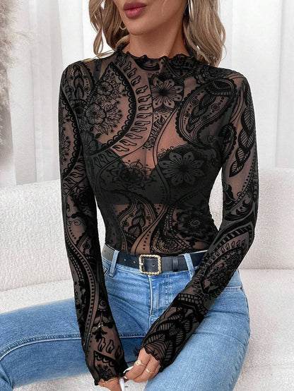 Women’s Vintage Print Mesh Velvet Top