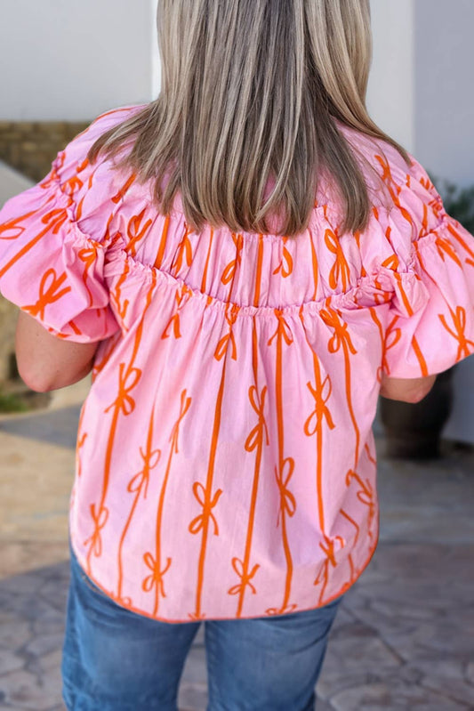 Bowknot Print V Neck Summer Blouse | Plus Size 1X-4X