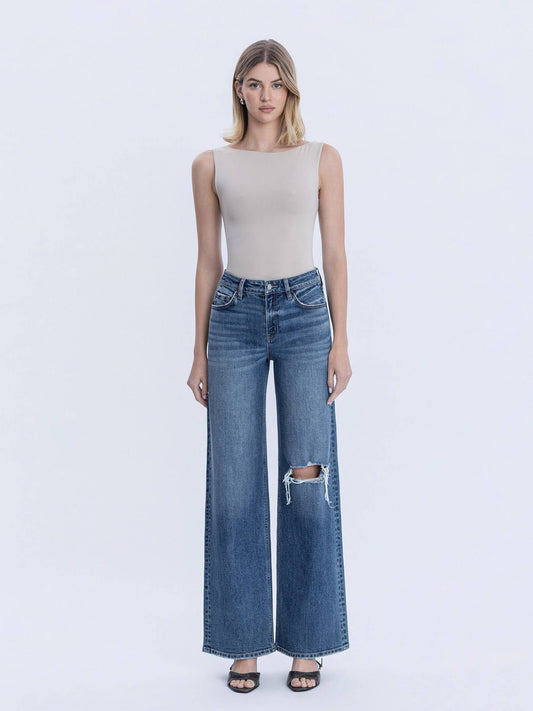 High Rise Wide Leg Distressed Knee Jeans