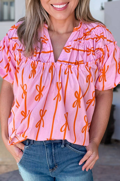 Bowknot Print V Neck Summer Blouse | Plus Size 1X-4X