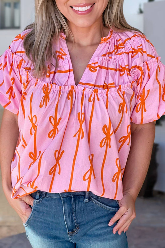 Bowknot Print V Neck Summer Blouse | Plus Size 1X-4X