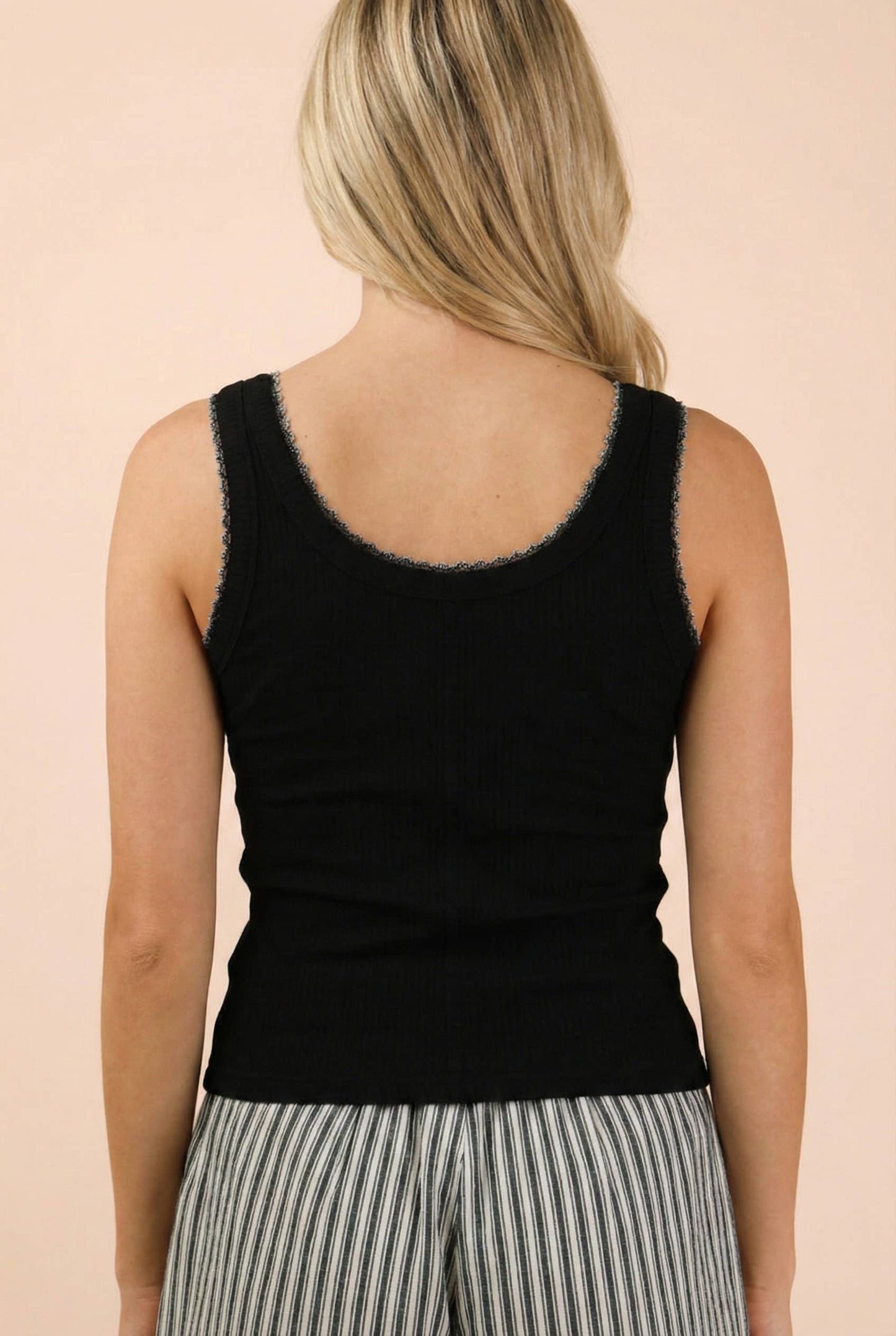 Black Mineral Washed Knit Tank Top W/ Lace Trim