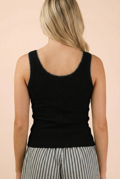 Black Mineral Washed Knit Tank Top W/ Lace Trim