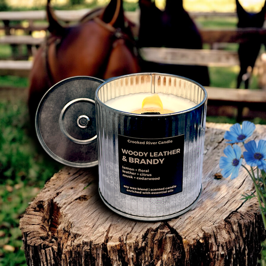 Woody Leather & Brandy Candle | Rustic Tin | Wood Wick
