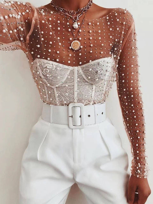 Pearl Embellished Mesh Top