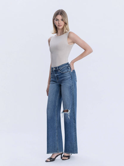 High Rise Wide Leg Distressed Knee Jeans