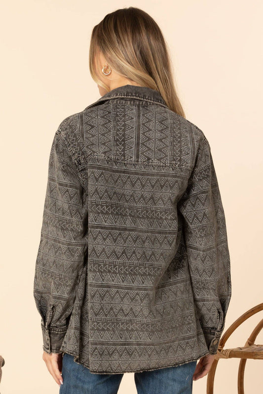 Western Printed Washed Black Denim Corded Jacket