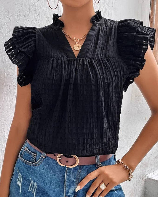 Solid V-Neck Ruffled Sleeve T-Shirt
