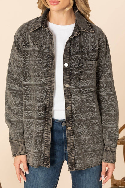 Western Printed Washed Black Denim Corded Jacket