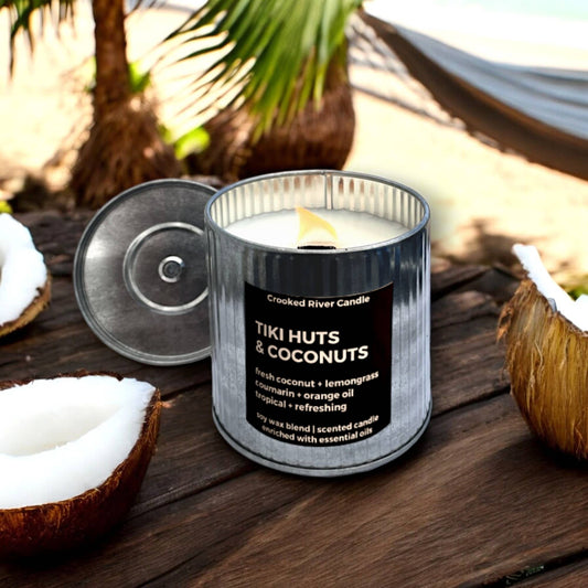 Tiki Huts & Coconuts Candle | Rustic Tin | Tropical Scent