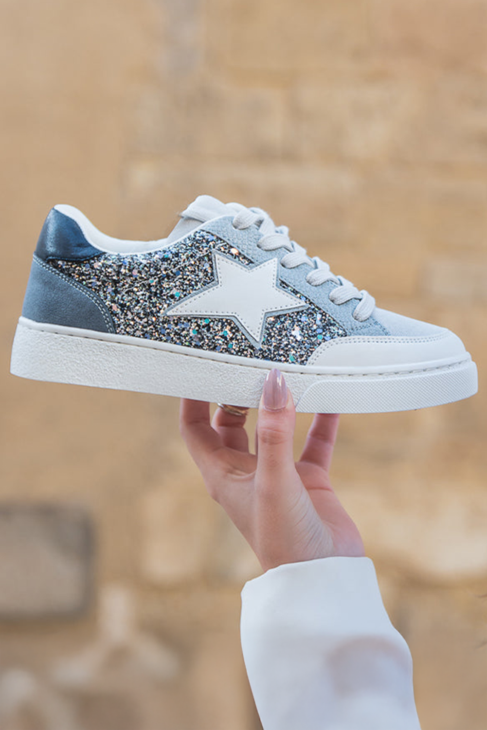 Silvery Star Glitter Lace-up Sneakers