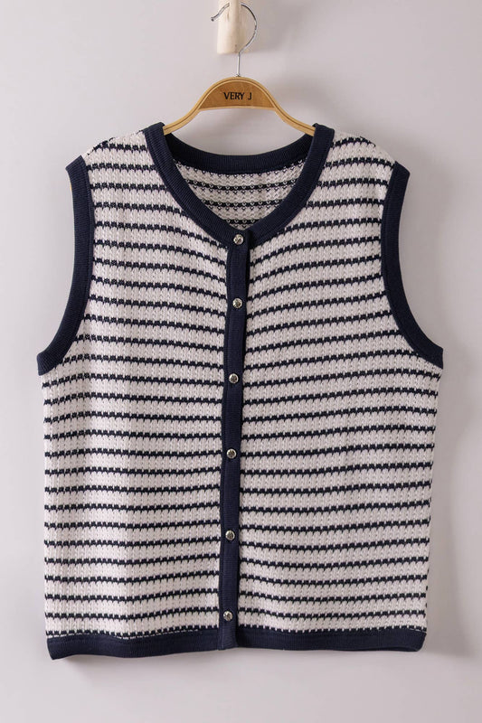 Navy Striped Knit Button Down Top