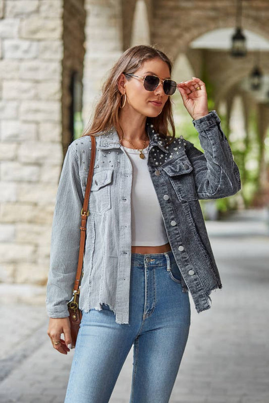Distressed Two Tone Denim Corduroy Studded Jacket
