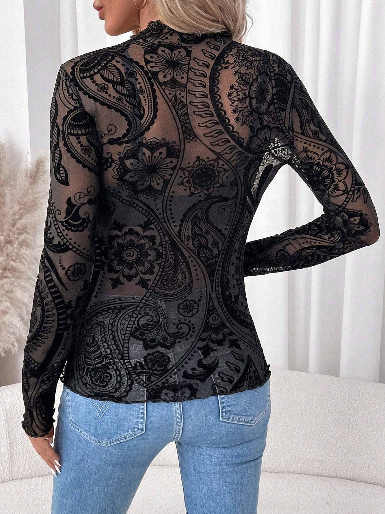 Women’s Vintage Print Mesh Velvet Top