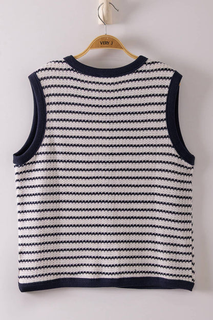 Navy Striped Knit Button Down Top
