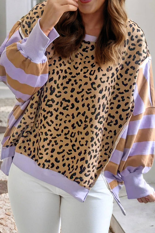 Leopard Purple Striped Color Block Sweatshirt