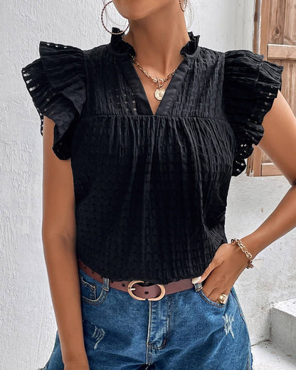 Solid V-Neck Ruffled Sleeve T-Shirt