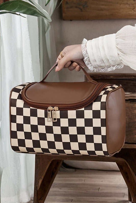 Checkered Leather Zipper Makeup Bag
