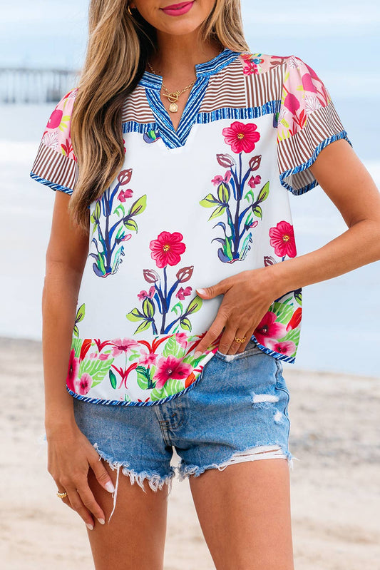 Floral Striped Print Split Neck Blouse