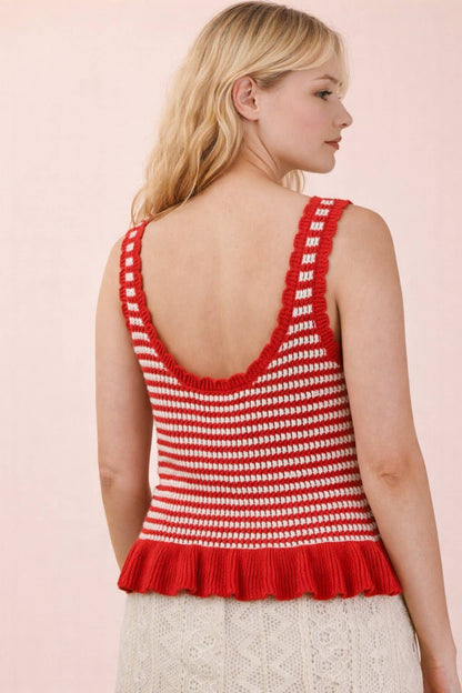 Red Ruffle Hem Stripe Knit Sweater Top