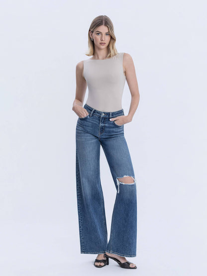 High Rise Wide Leg Distressed Knee Jeans