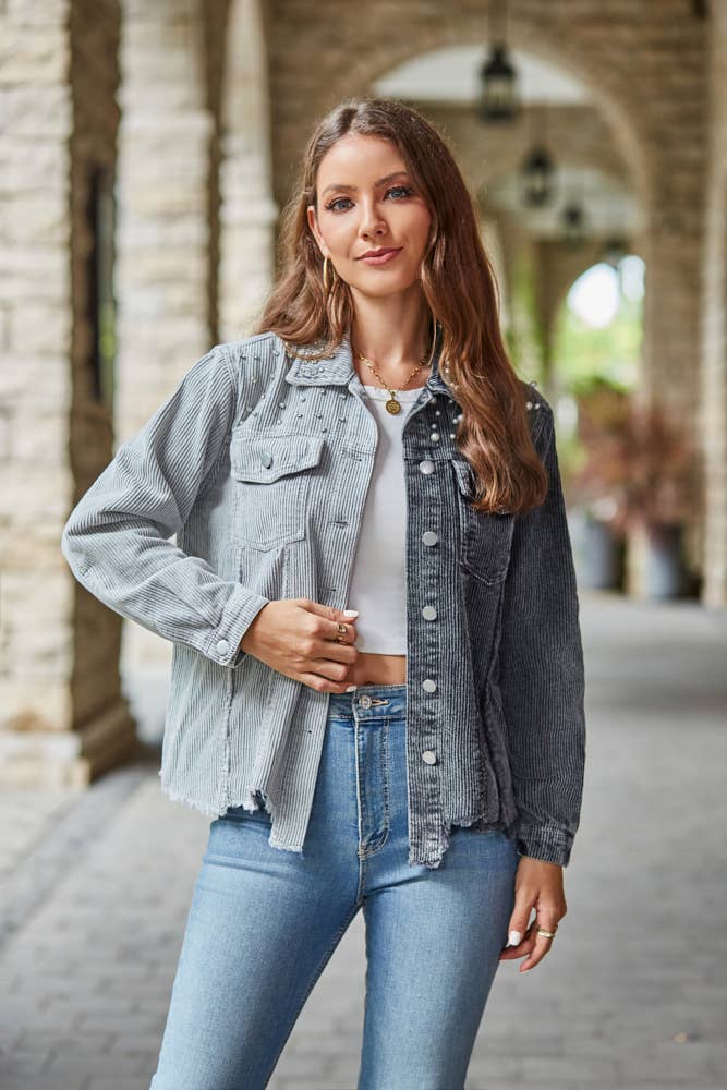 Distressed Two Tone Denim Corduroy Studded Jacket
