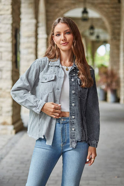 Distressed Two Tone Denim Corduroy Studded Jacket
