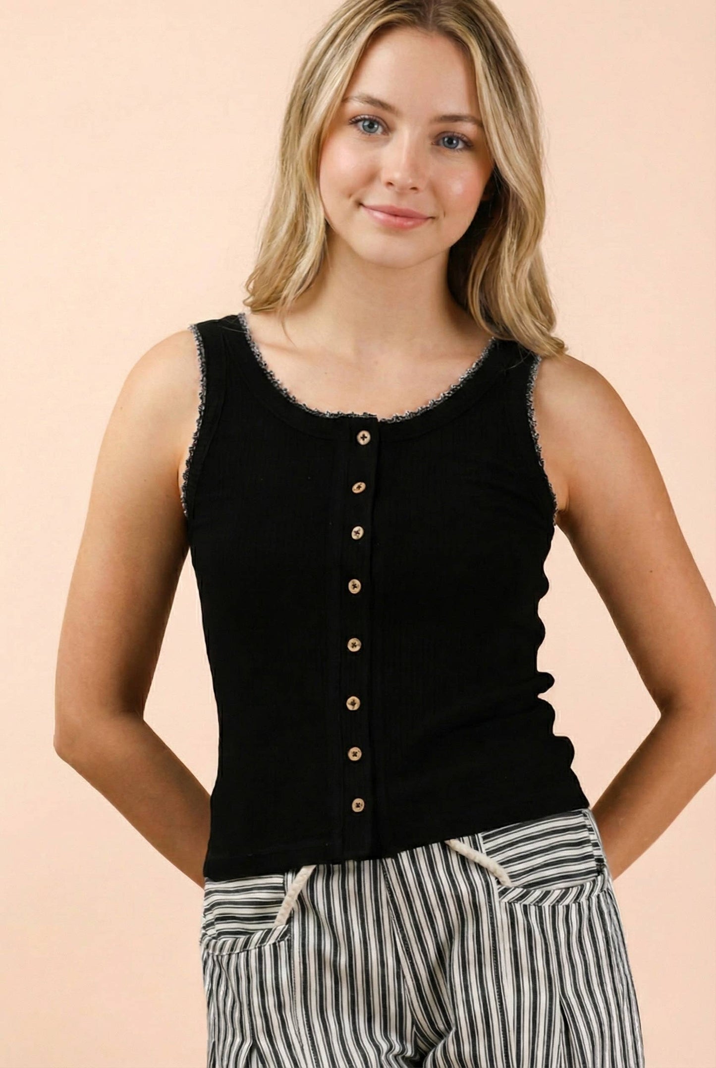 Black Mineral Washed Knit Tank Top W/ Lace Trim
