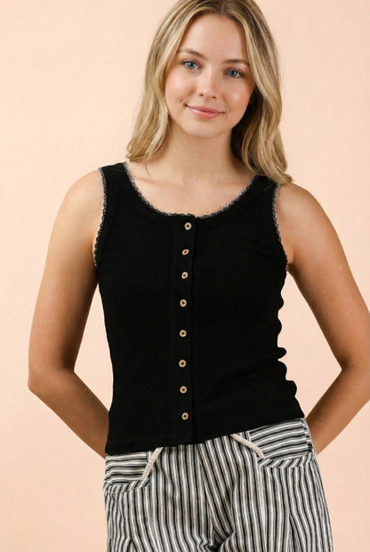 Black Mineral Washed Knit Tank Top W/ Lace Trim