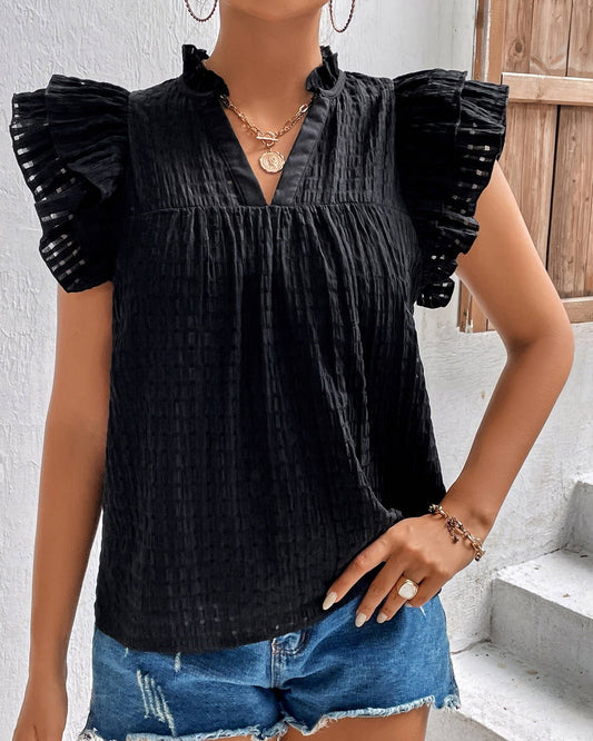 Solid V-Neck Ruffled Sleeve T-Shirt