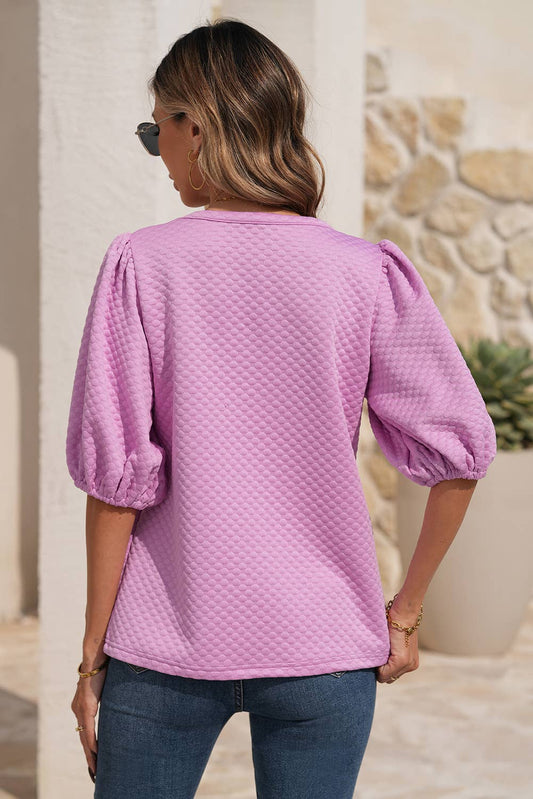 LDC Solid Textured O Neck Puff Sleeve Blouse