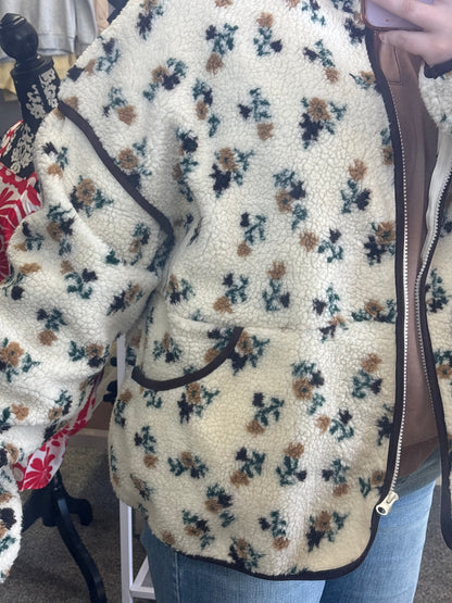 Brown Detailed Floral Sherpa Zip Up