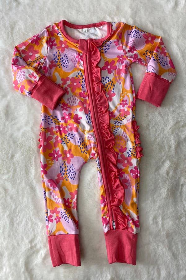 Pink Floral Infant Onesie With Ruffles