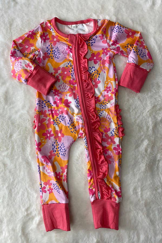 Pink Floral Infant Onesie With Ruffles