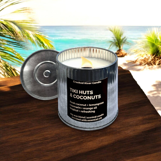 Tiki Huts & Coconuts Candle | Rustic Tin | Tropical Scent