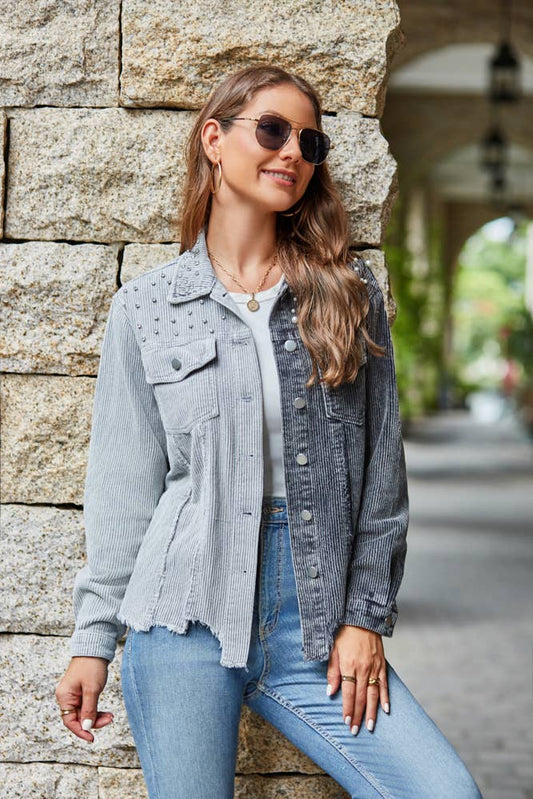 Distressed Two Tone Denim Corduroy Studded Jacket