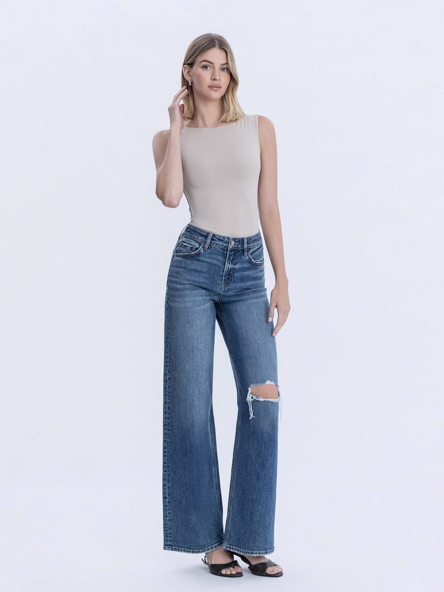High Rise Wide Leg Distressed Knee Jeans